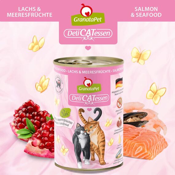 GranataPet DeliCatessen Lachs & Meeresfrüchte, Nassfutter für Katzen, Katzenfutter für Feinschmecker, Futter ohne Getreide & ohne Zuckerzusätze, 6 x 400 g