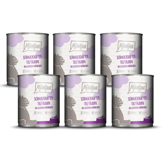 MjAMjAM - Premium Nassfutter für Katzen - schmackhafter Truthahn an leckeren Möhrchen, 6er Pack (6 x 800 g), getreidefrei mit extra viel Fleisch