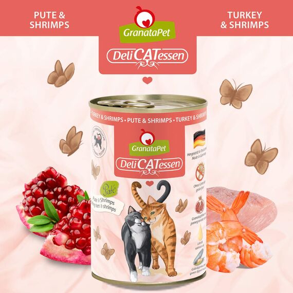 GranataPet DeliCatessen Pute & Shrimps, Nassfutter für Katzen, Katzenfutter für Feinschmecker, Futter ohne Getreide & ohne Zuckerzusätze, 6 x 400 g
