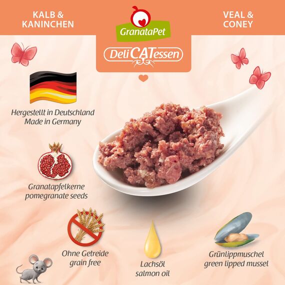 GranataPet Delicatessen Kalb & Kaninchen, 6 x 800 g, Nassfutter für Katzen, Katzenfutter für Feinschmecker, Futter ohne Getreide & ohne Zuckerzusätze