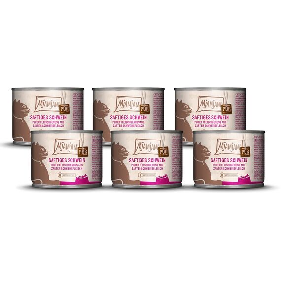 MjAMjAM - Premium Nassfutter für Katzen - Purer Fleischgenuss saftiges Schwein pur, 6er Pack (6 x 200 g), getreidefrei mit extra viel Fleisch