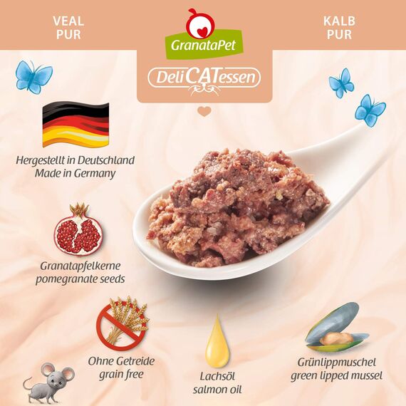 GranataPet DeliCatessen Kalb PUR, Nassfutter für Katzen, Futter ohne Getreide & ohne Zuckerzusätze, Katzenfutter mit hohem Fleischanteil & hochwertigen Ölen, 6 x 200 g