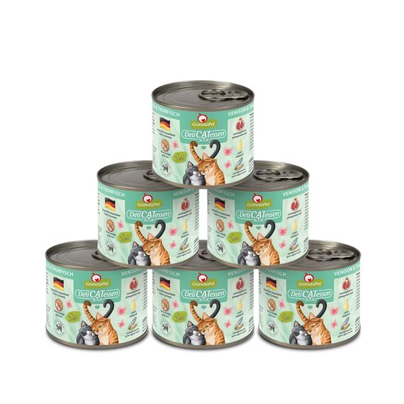 GranataPet DeliCatessen Wild & Thunfisch, Nassfutter für Katzen, Katzenfutter für Feinschmecker, Futter ohne Getreide & ohne Zuckerzusätze, 6 x 200 g