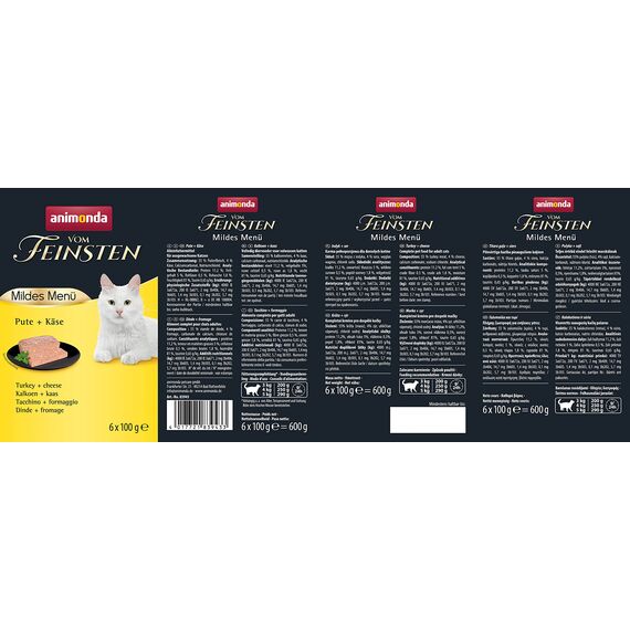 animonda Vom Feinsten Adult Mildes Menü Pute + Käse (6 x 100 g), Nassfutter für Sensible Katzen, Katzenfutter ohne Getreide und Zucker, leicht verdauliches Futter mit Putenfleisch (Packung mit 2)
