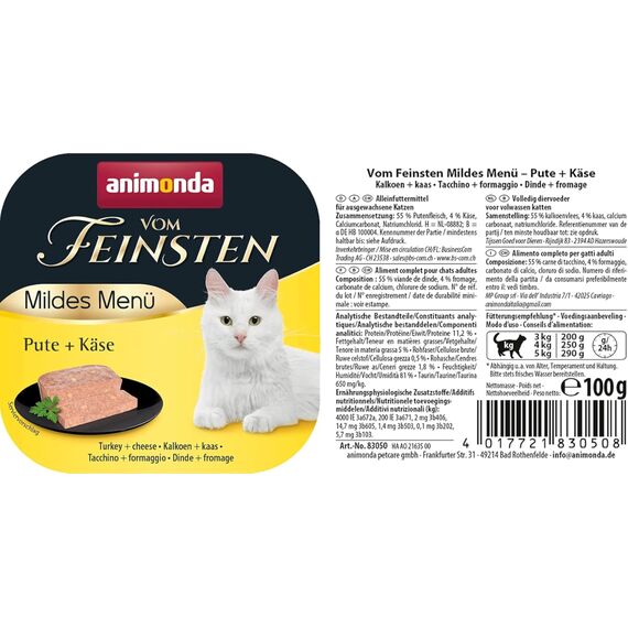 animonda Vom Feinsten Adult Mildes Menü Pute + Käse (32 x 100 g), Nassfutter für sensible Katzen, Katzenfutter ohne Getreide und Zucker, leicht verdauliches Futter mit Putenfleisch