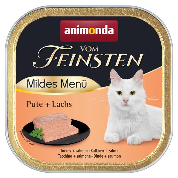 animonda vom Feinsten Mildes Menü Pute + Lachs (6 x 100g), getreidefreies Katzenfutter nass ohne Zucker, leicht verdauliches Katzenfutter mit Putenfleisch