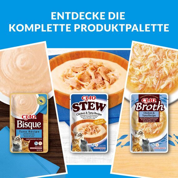 INABA Ciao Broth Nassfutter für Katzen Ohne Getreide und Zucker, mit 15% Hühnerfleisch und 15% Thunfisch, Keine Nebenerzeugnisse, Katzensuppe, Kleine Mahlzeit mit Hochwertigen Zutaten 40 g (1er Pack)