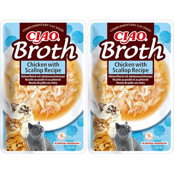 INABA Ciao Broth Katzenfutter Nass 88% Feuchtigkeit und Vitamin E, Premium Katzensuppe mit Huhn & Jakobsmuschel 40 g (2er Pack), 100% natürliches Fleisch, Getreidefrei, Zuckerfrei