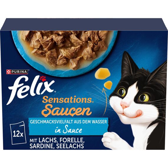 Felix Sensations Saucen Katzenfutter nass, Fisch Sorten-Mix, 6er Pack (6 x 12 Beutel à 85g)