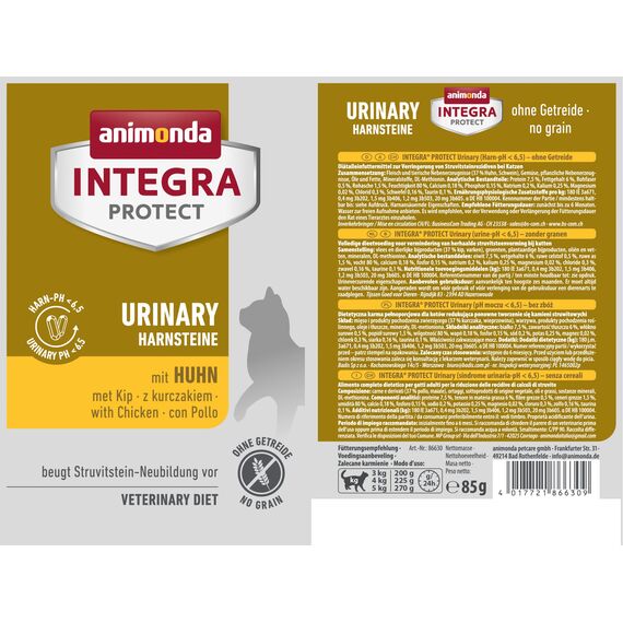animonda INTEGRA PROTECT Katzenfutter nass Urinary Struvitstein mit Huhn (24 x85g), vom Tierarzt empfohlen bei Harnsteinen, mit Veterinären entwickeltes Diätalleinfutter für erwachsene Katzen
