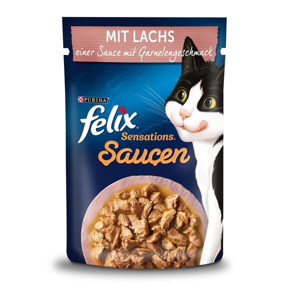 Felix Sensations Saucen Katzenfutter nass mit Lachs in Einer Sauce mit Garnelengeschmack, 26er Pack (26 x 85g)