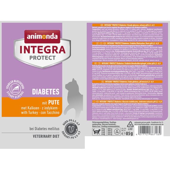 animonda INTEGRA PROTECT Katzenfutter nass Diabetes mit Pute (24 x 85g), vom Tierarzt empfohlen bei Diabetes Mellitus, mit Veterinären entwickeltes Diätalleinfutter für erwachsene Katzen