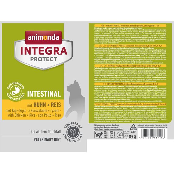 animonda INTEGRA PROTECT Katzenfutter nass Intestinal mit Huhn + Reis (24 x 85g), vom Tierarzt empfohlen bei Durchfall & Erbrechen, mit Veterinären entwickeltes Diätalleinfutter für erwachsene Katzen