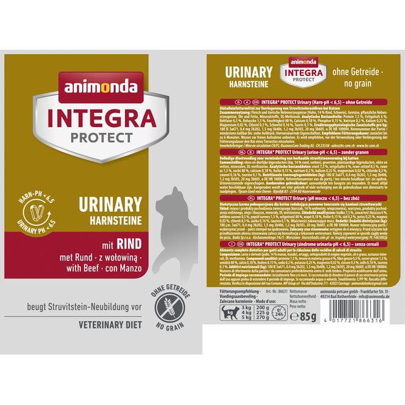 animonda INTEGRA PROTECT Katzenfutter nass Urinary Struvitstein mit Rind (24 x 85g), vom Tierarzt empfohlen bei Harnsteinen, mit Veterinären entwickeltes Diätalleinfutter für erwachsene Katzen