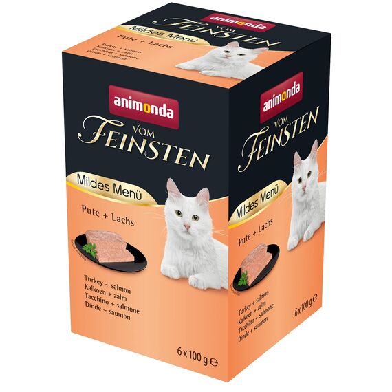 animonda vom Feinsten Mildes Menü Pute + Lachs (6 x 100g), getreidefreies Katzenfutter nass ohne Zucker, leicht verdauliches Katzenfutter mit Putenfleisch