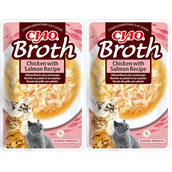 INABA Ciao Broth Katzenfutter Nass 88% Feuchtigkeit und Vitamin E, Premium Katzensuppe mit Huhn & Lachs 40 g (2er Pack), 100% natürliches Fleisch, Getreidefrei, Zuckerfrei