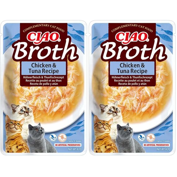 INABA Ciao Broth Katzenfutter Nass 88% Feuchtigkeit und Vitamin E, Premium Katzensuppe mit Huhn & Thunfisch 40 g (2er Pack), 100% natürliches Fleisch, Getreidefrei, Zuckerfrei