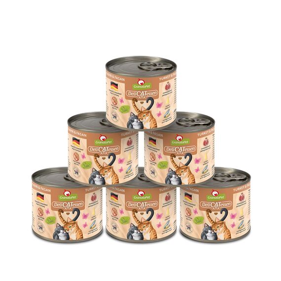 GranataPet DeliCatessen Truthahn & Fasan, Nassfutter für Katzen, Katzenfutter für Feinschmecker, Futter ohne Getreide & ohne Zuckerzusätze, 6 x 200 g