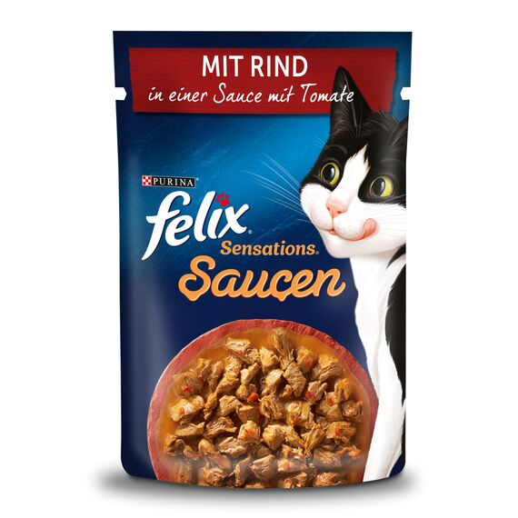 Felix Sensations Saucen Katzenfutter nass mit Rind in Einer Sauce mit Tomaten, 26er Pack (26 x 85g)