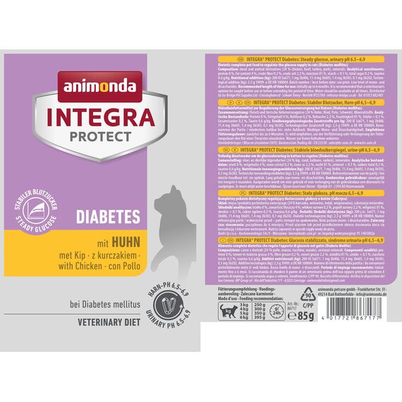 animonda INTEGRA PROTECT Katzenfutter nass Diabetes mit Huhn (24 x 85g), vom Tierarzt empfohlen bei Diabetes Mellitus, mit Veterinären entwickeltes Diätalleinfutter für erwachsene Katzen