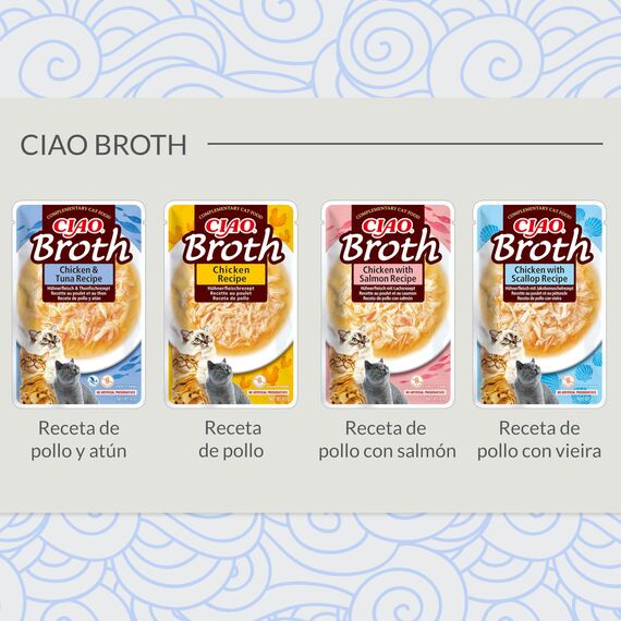 INABA Ciao Broth Katzenfutter Nass 88% Feuchtigkeit und Vitamin E, Premium Katzensuppe mit Huhn & Jakobsmuschel 40 g (2er Pack), 100% natürliches Fleisch, Getreidefrei, Zuckerfrei