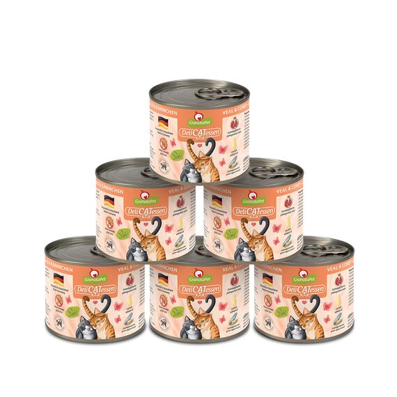 GranataPet DeliCatessen Kalb & Kaninchen, Nassfutter für Katzen, Katzenfutter für Feinschmecker, Futter ohne Getreide & ohne Zuckerzusätze, 6 x 200 g