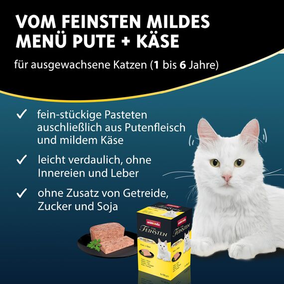 animonda Vom Feinsten Adult Mildes Menü Pute + Käse (6 x 100 g), Nassfutter für sensible Katzen, Katzenfutter ohne Getreide und Zucker, leicht verdauliches Futter mit Putenfleisch