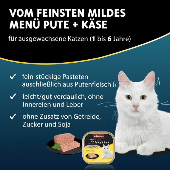 animonda Vom Feinsten Adult Mildes Menü Pute + Käse (32 x 100 g), Nassfutter für sensible Katzen, Katzenfutter ohne Getreide und Zucker, leicht verdauliches Futter mit Putenfleisch