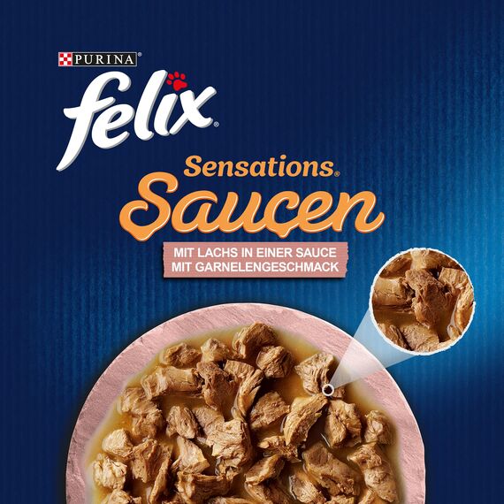 Felix Sensations Saucen Katzenfutter nass mit Lachs in Einer Sauce mit Garnelengeschmack, 26er Pack (26 x 85g)
