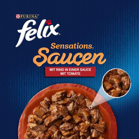 Felix Sensations Saucen Katzenfutter nass mit Rind in Einer Sauce mit Tomaten, 26er Pack (26 x 85g)