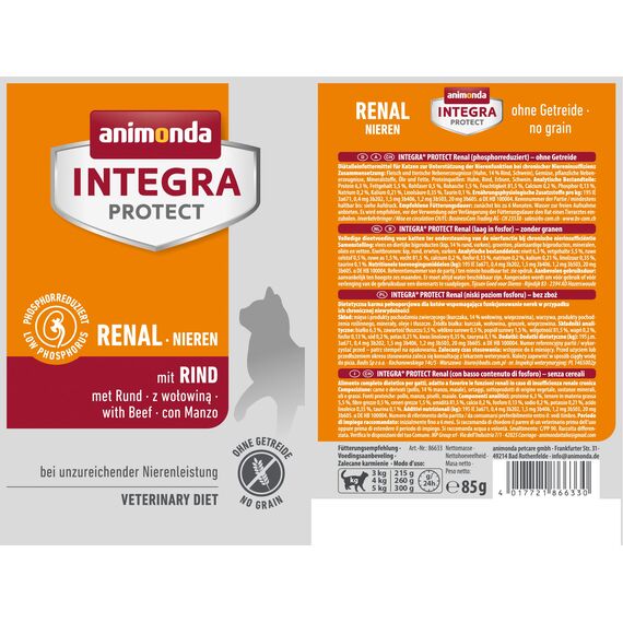 animonda INTEGRA PROTECT Katzenfutter nass Renal (Niere) mit Rind (24 x 85g), vom Tierarzt empfohlen bei Niereninsuffizienz, mit Veterinären entwickeltes Diätalleinfutter für erwachsene Katzen