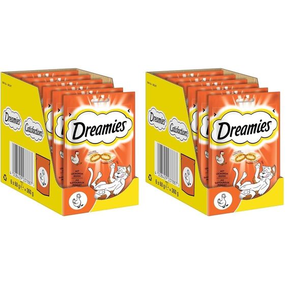 Dreamies Klassiker Katzensnacks mit Huhn – Traumhaft knusprige Taschen mit zarter Füllung – 6 x 60g (12er Pack)