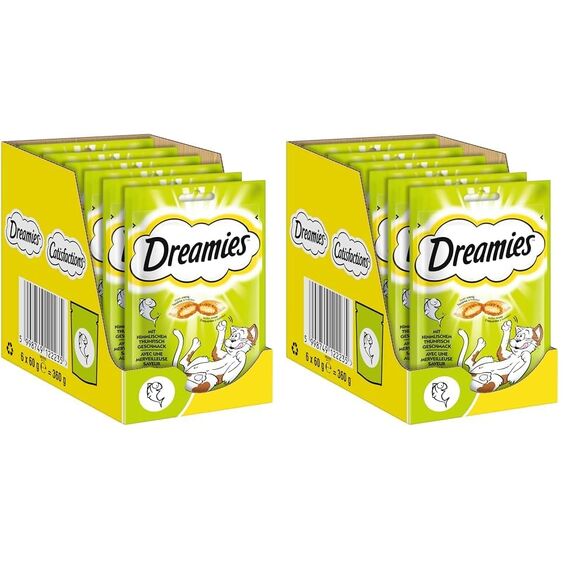 Dreamies Klassiker Katzensnacks mit Thunfisch – Traumhaft knusprige Taschen mit zarter Füllung – 6 x 60g (Packung mit 2)