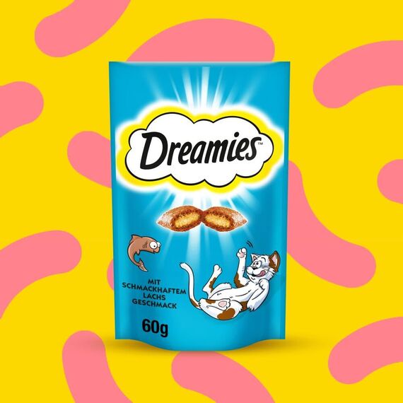 Dreamies Klassiker Katzensnacks mit Lachs – Traumhaft knusprige Taschen mit zarter Füllung – 6 x 60g