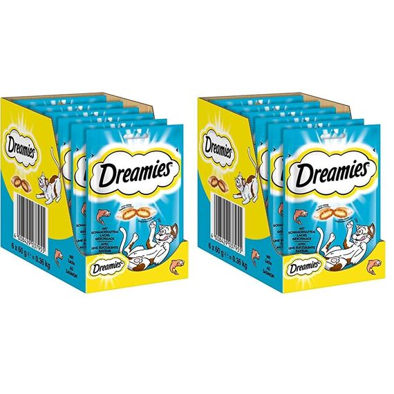 Dreamies Klassiker Katzensnacks mit Lachs – Traumhaft knusprige Taschen mit zarter Füllung – 6 x 60g (Packung mit 2)
