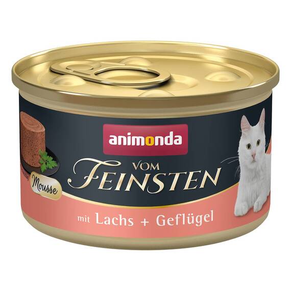 animonda vom Feinsten Mousse Katzenfutter nass Lachs + Geflügel (12 x 85g), getreidefreies Katzenfutter nass ohne Zucker, mit frischen, fleischigen Zutaten