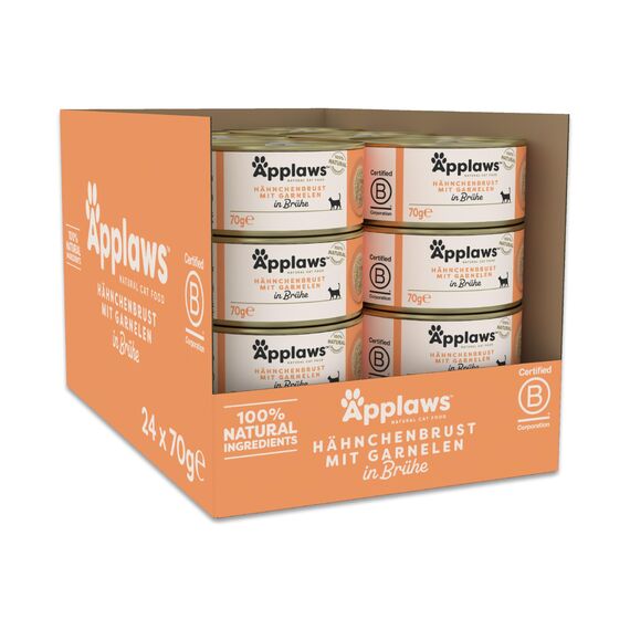 Applaws 100 % natürliches Nassfutter für ausgewachsene Katzen, Hähnchenbrust mit Garnelen in Brühe, 24 × 70 g Dosen