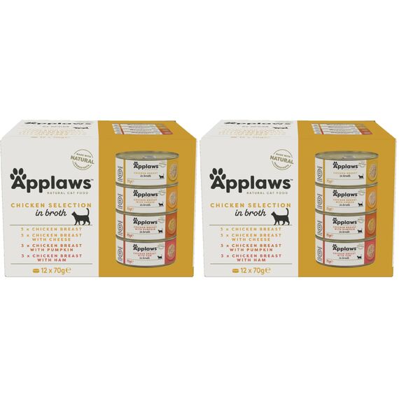 Applaws 100% natürliches Premium-Nassfutter für Katzen, Hühnerauswahl in Brühe für ausgewachsene Katzen - Packung mit 12 x 70g Dosen (Packung mit 2)