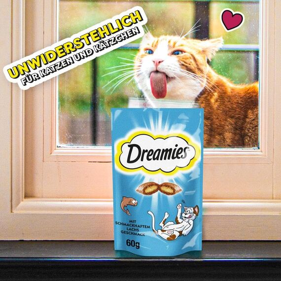 Dreamies Klassiker Katzensnacks mit Lachs – Traumhaft knusprige Taschen mit zarter Füllung – 6 x 60g