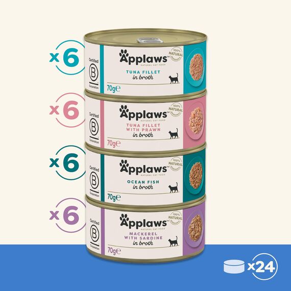 Applaws 100% natürliches Premium-Nassfutter für Katzen, Fischauswahl-Multipack in Brühe - Packung mit 24 x 70g Dosen