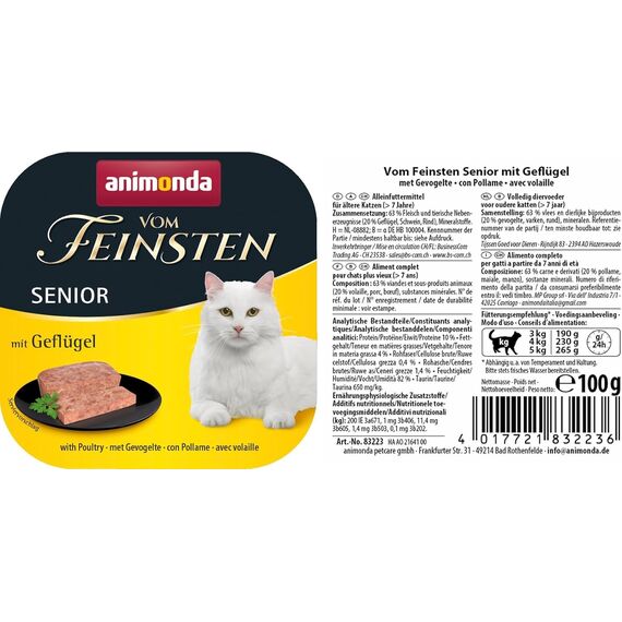 animonda Vom Feinsten Senior mit Geflügel (32 x 100 g), Senior Nassfutter für ältere Katzen ab 7 Jahren, Katzenfutter ohne Getreide und Zucker, mit 100 % frischen, fleischlichen Zutaten