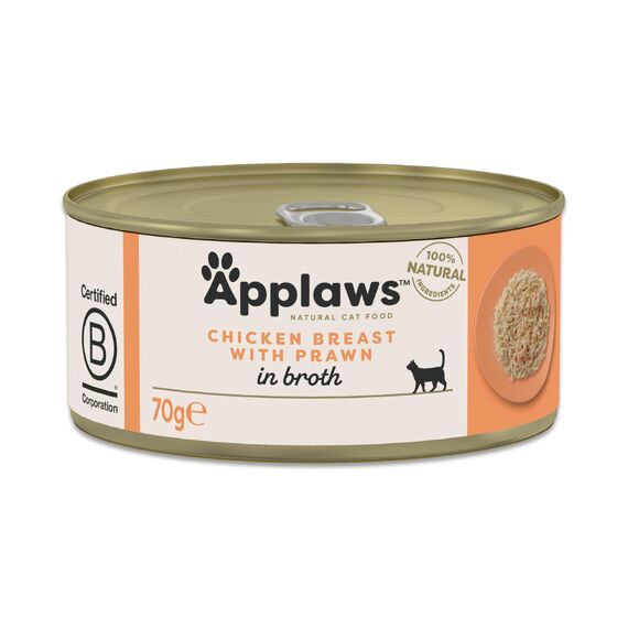 Applaws 100 % natürliches Nassfutter für ausgewachsene Katzen, Hähnchenbrust mit Garnelen in Brühe, 24 × 70 g Dosen
