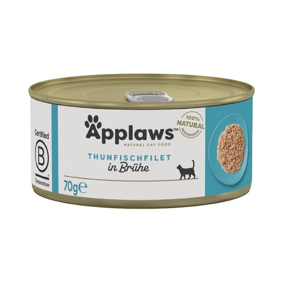 Applaws 100% Natural Thunfischfilet Nassfutter in Brühe für ausgewachsene Katzen - 24 x 70g Dosen