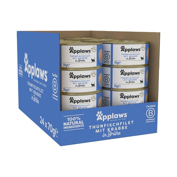 Applaws 100% natürliches Premium-Nassfutter für Katzen, Thunfischfilet mit Krabben in Brühe für ausgewachsene Katzen - Packung mit 24 x 70g Dosen