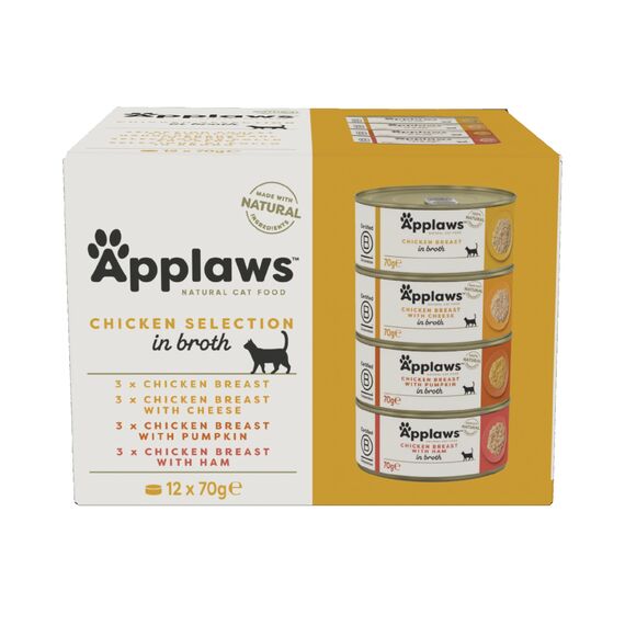 Applaws 100% natürliches Premium-Nassfutter für Katzen, Hühnerauswahl in Brühe für ausgewachsene Katzen - Packung mit 4x (12 x 70g) Dosen
