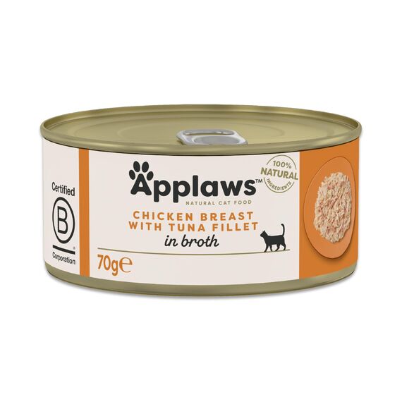 Applaws 100 % natürliches Nassfutter für ausgewachsene Katzen, Hähnchenbrust mit Thunfischfilet in Brühe, 24 × 70 g Dosen