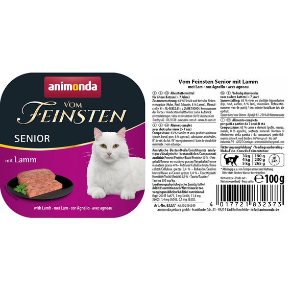 animonda vom Feinsten Senior Katzenfutter nass Nassfutter mit Lamm (32 x 100g), Katzenfutter ab 7 Jahren, ohne Getreide ohne Zucker, mit frischen, fleischigen Zutaten