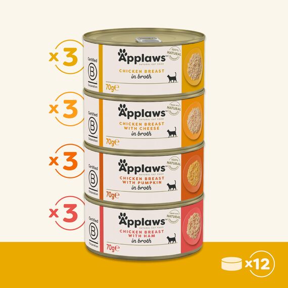 Applaws 100% natürliches Premium-Nassfutter für Katzen, Hühnerauswahl in Brühe für ausgewachsene Katzen - Packung mit 12 x 70g Dosen (Packung mit 2)