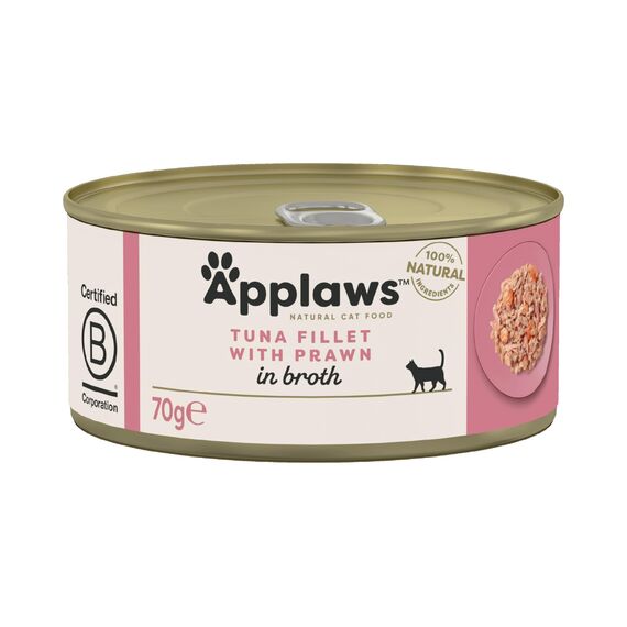 Applaws 100% natürliches Premium-Nassfutter für ausgewachsene Katzen - Thunfischfilet und Garnelen in Brühe - 24 x 70g Dosen