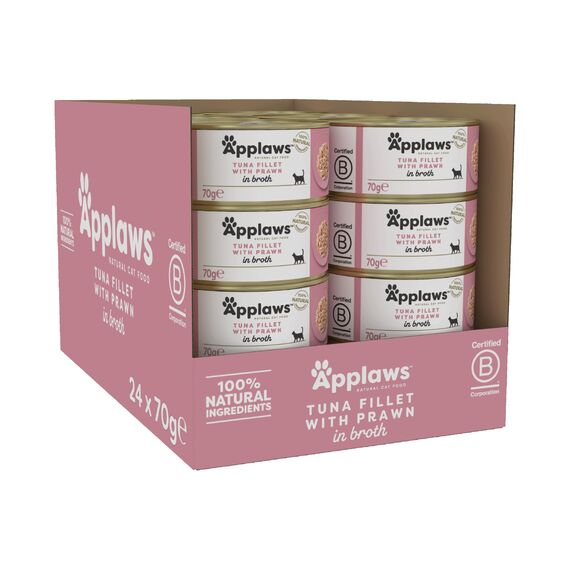 Applaws 100% natürliches Premium-Nassfutter für ausgewachsene Katzen - Thunfischfilet und Garnelen in Brühe - 24 x 70g Dosen